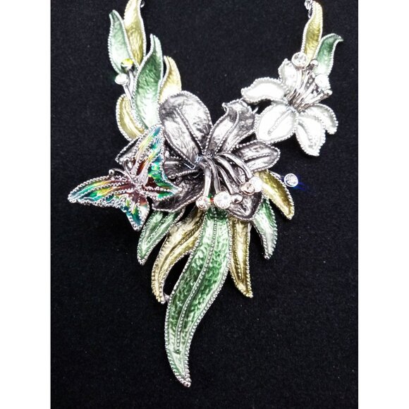 Floral & Butterfly Statement Necklace Rhinestone Accents Green Silver-Tone Metal - Picture 2 of 16